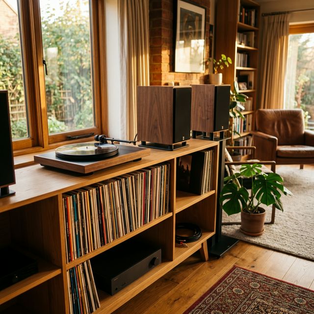Hi-Fi audio equipment and vinyl records in a warm listening room