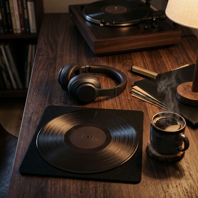 Premium headphones and vinyl records on a wooden desk, warm ambient music listening setup