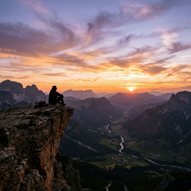 Person listening to music with headphones in nature at sunset